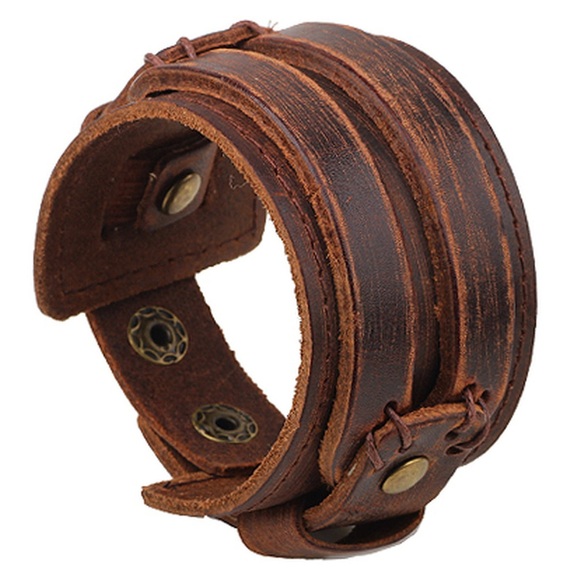 Men’s Chunky Punk Rock Leather Wide Cuff Wristband Bracelet Snap Straps Brown - Picture 4 of 10